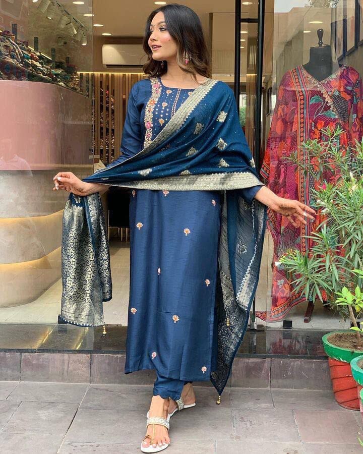 Royal Blue Viscose Chanderi with Sequence Coding Embroidery work Kurti with Dupatta and Pant Kurti with Bottom and Dupatta Shopin Di Apparels 