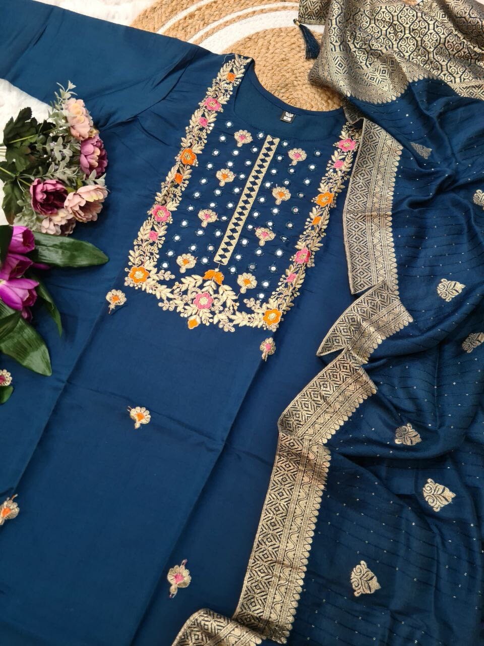 Royal Blue Viscose Chanderi with Sequence Coding Embroidery work Kurti with Dupatta and Pant Kurti with Bottom and Dupatta Shopin Di Apparels 