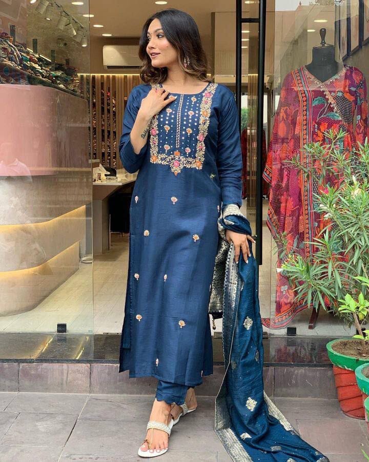 Royal Blue Viscose Chanderi with Sequence Coding Embroidery work Kurti with Dupatta and Pant Kurti with Bottom and Dupatta Shopin Di Apparels 