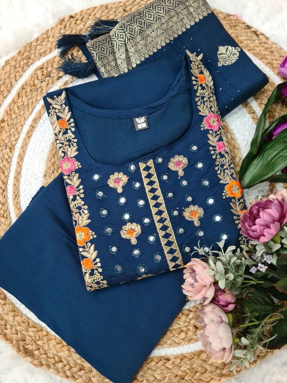 Royal Blue Viscose Chanderi with Sequence Coding Embroidery work Kurti with Dupatta and Pant Kurti with Bottom and Dupatta Shopin Di Apparels 