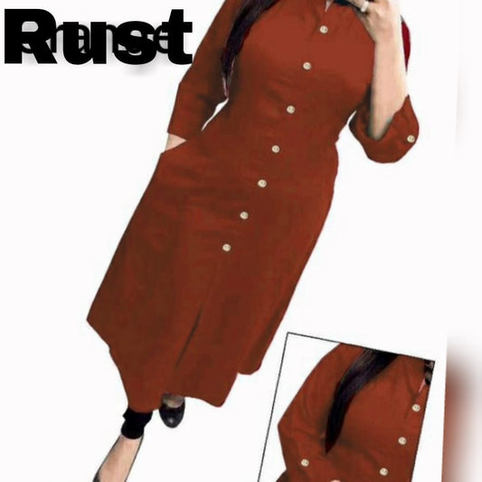 Rust Plain Collar Cotton Kurti with Button and Pockets Kurti Shopin Di Apparels 