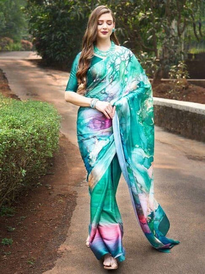 Sea Green Satin Silk Saree with Blouse Satin Saree Shopin Di Apparels 