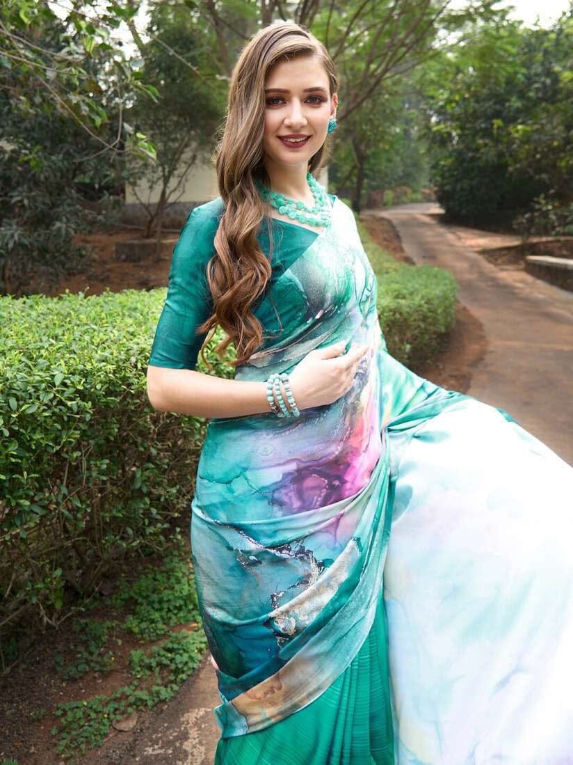 Sea Green Satin Silk Saree with Blouse Satin Saree Shopin Di Apparels 