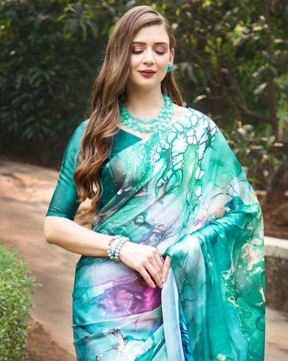 Sea Green Satin Silk Saree with Blouse Satin Saree Shopin Di Apparels 