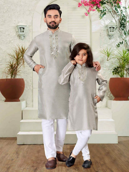 Silver Men's & Kids Traditional wear Kurtas Pyjamas Combo Combo Shopin Di Apparels 