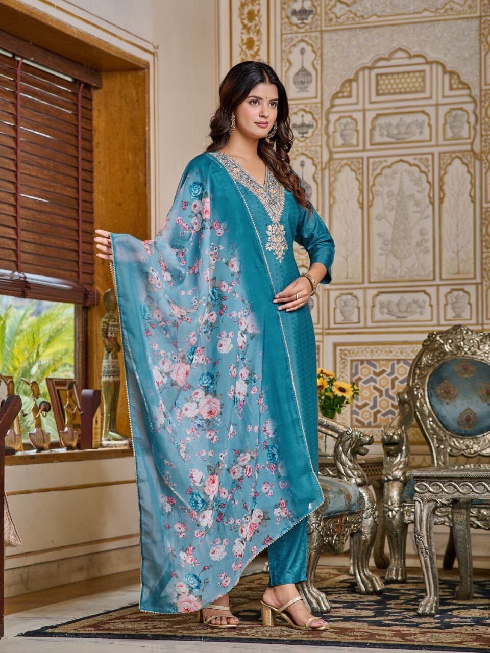 Sky Blue Pure Viscose Rayon Kurti with Dupatta and Pant Kurti with Bottom and Dupatta Shopin Di Apparels 