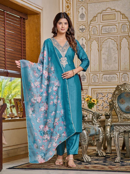 Sky Blue Pure Viscose Rayon Kurti with Dupatta and Pant Kurti with Bottom and Dupatta Shopin Di Apparels 