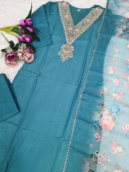 Sky Blue Pure Viscose Rayon Kurti with Dupatta and Pant Kurti with Bottom and Dupatta Shopin Di Apparels 