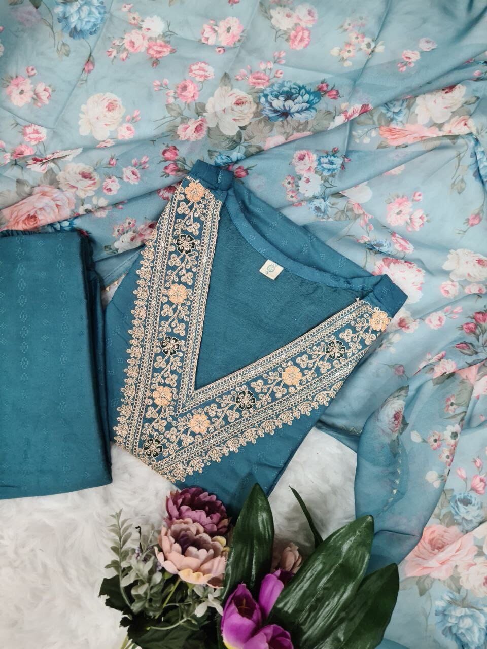 Sky Blue Pure Viscose Rayon Kurti with Dupatta and Pant Kurti with Bottom and Dupatta Shopin Di Apparels 