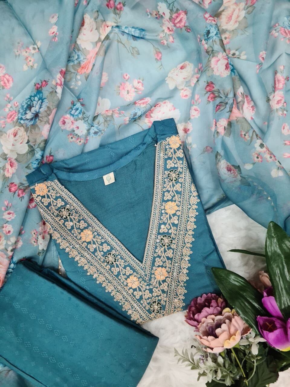 Sky Blue Pure Viscose Rayon Kurti with Dupatta and Pant Kurti with Bottom and Dupatta Shopin Di Apparels 