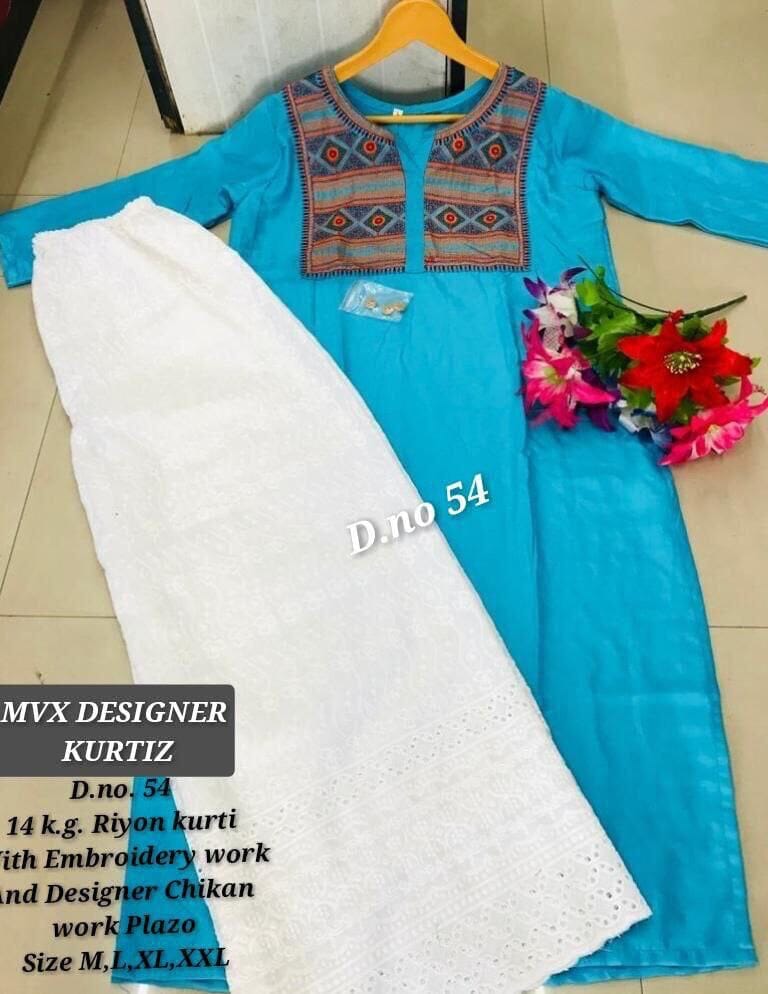 Sky Blue Rayon Embroidered Kurti with Cotton Chikankari Plazzo set Kurti with plazzo Shopin Di Apparels 