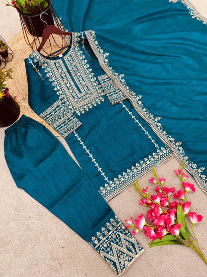 SRK 5151 Blue Pure Chinnon Silk Sequence work Straight Cut Readymade Suit Ready Made Designer Suits Shopin Di Apparels 