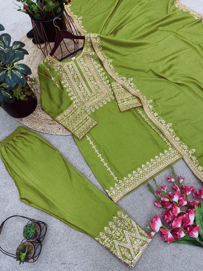 SRK 5151 Olive Green Pure Chinnon Silk Sequence work Straight Cut Readymade Suit Ready Made Designer Suits Shopin Di Apparels 