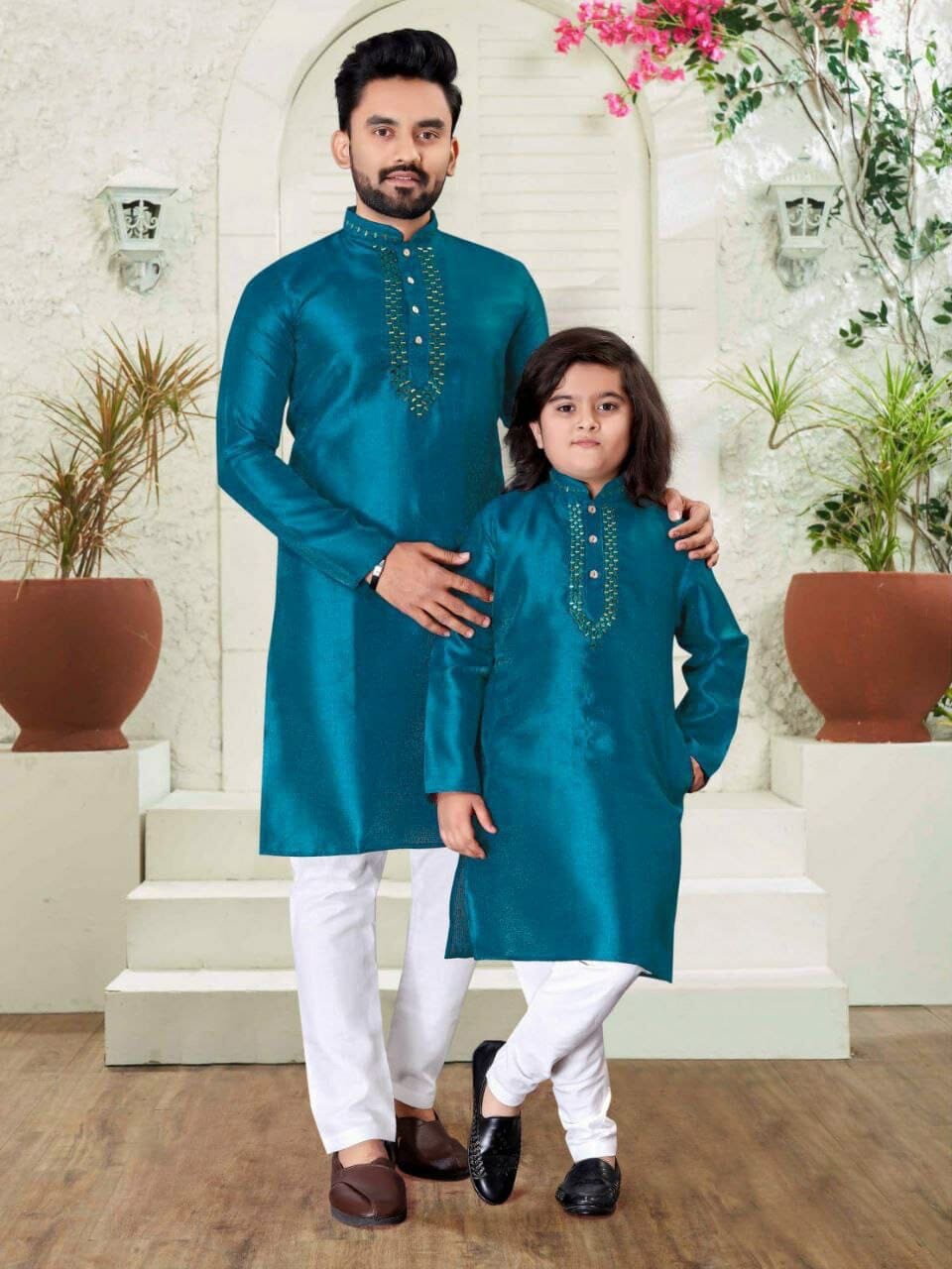 Teal Men's & Kids Traditional wear Kurtas Pyjamas Combo Combo Shopin Di Apparels 