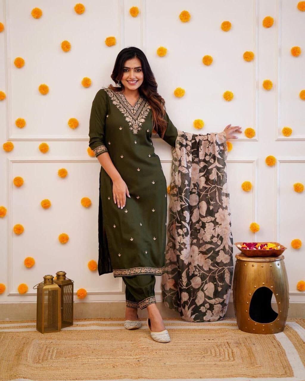 Trending Viscose Rayon Embroidered Kurti with Dupatta and Pant Set in 2 colors Kurti with Bottom and Dupatta Shopin Di Apparels 