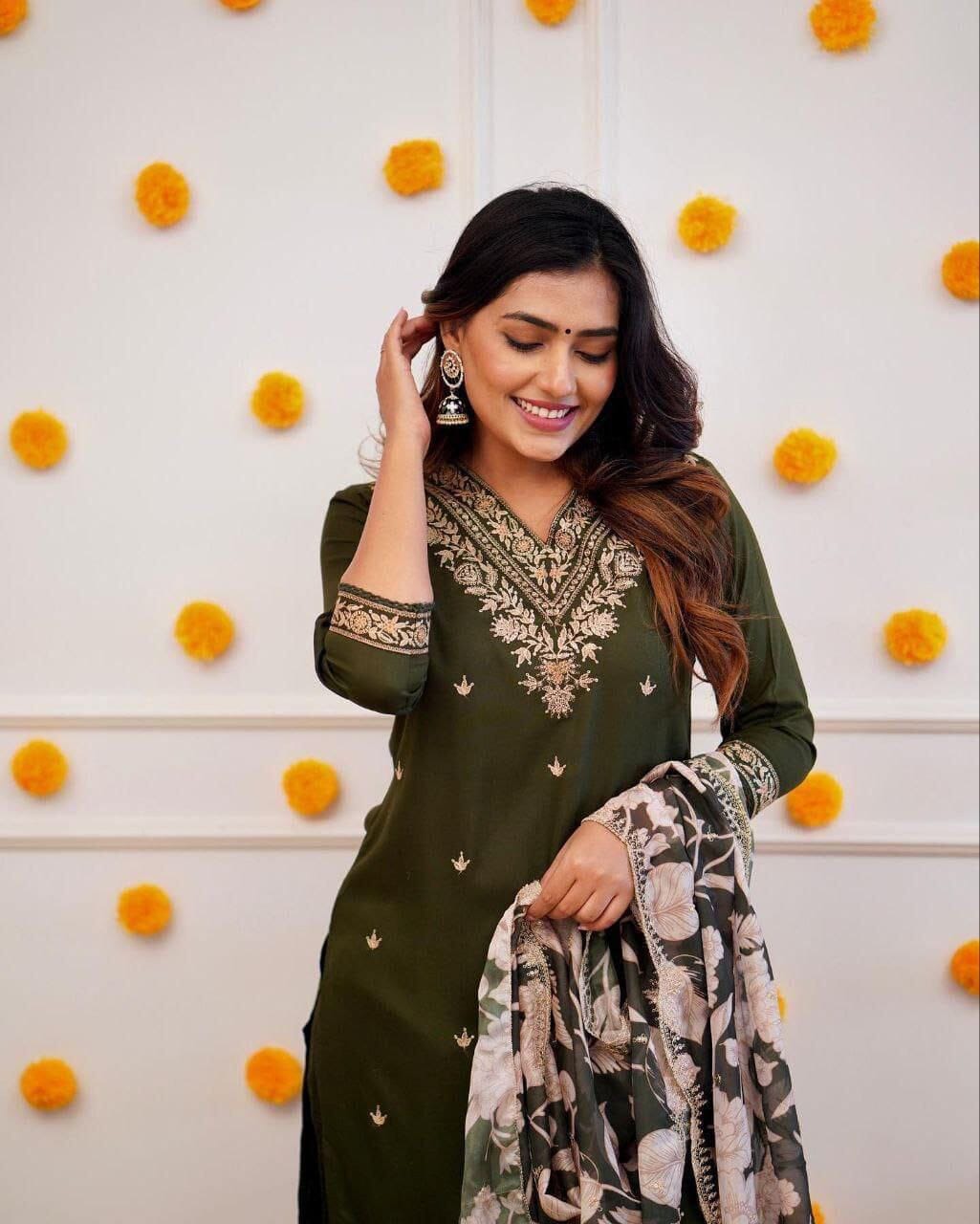 Trending Viscose Rayon Embroidered Kurti with Dupatta and Pant Set in 2 colors Kurti with Bottom and Dupatta Shopin Di Apparels 