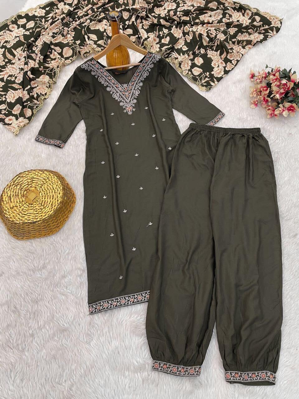 Trending Viscose Rayon Embroidered Kurti with Dupatta and Pant Set in 2 colors Kurti with Bottom and Dupatta Shopin Di Apparels 