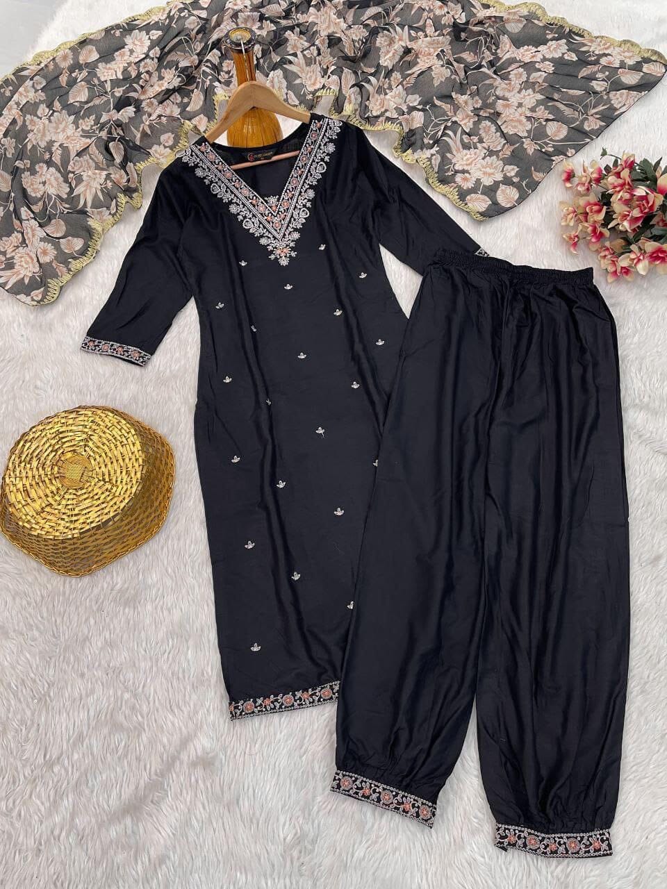 Trending Viscose Rayon Embroidered Kurti with Dupatta and Pant Set in 2 colors Kurti with Bottom and Dupatta Shopin Di Apparels 