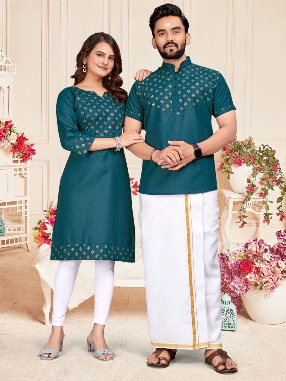 Turquoise Blue Foil Print Cotton Kurti & Kurta Couple Combo Combo Shopin Di Apparels 