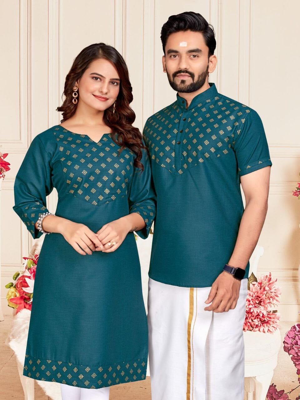 Turquoise Blue Foil Print Cotton Kurti & Kurta Couple Combo Combo Shopin Di Apparels 