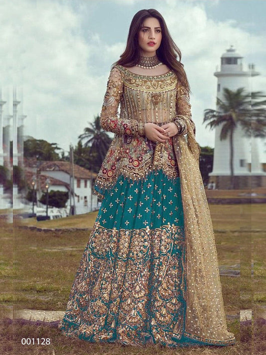 Turquoise Blue Heavy Net Stone Work Fancy Embroidered Lehenga Suit Designer Suit Shopin Di Apparels 