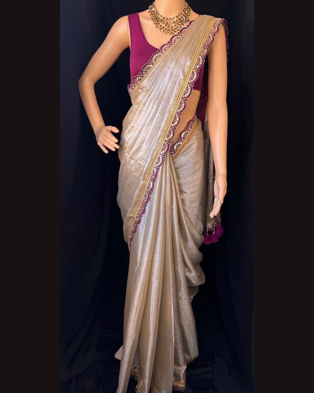 Uppada Tissue Silk Saree With Raw Silk Blouse with Lace Border and Tassels Designer Saree Shopin Di Apparels 