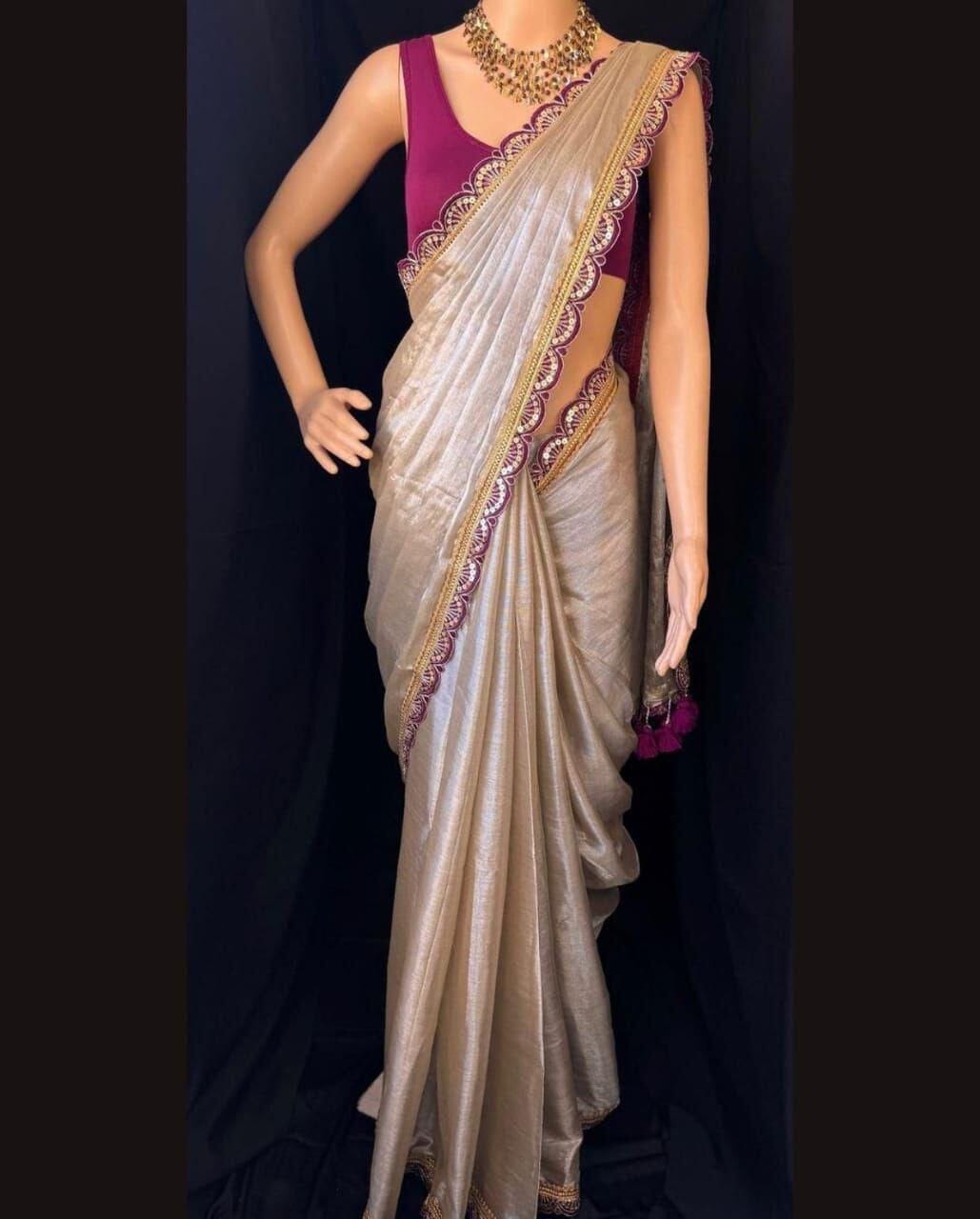 Uppada Tissue Silk Saree With Raw Silk Blouse with Lace Border and Tassels Designer Saree Shopin Di Apparels 