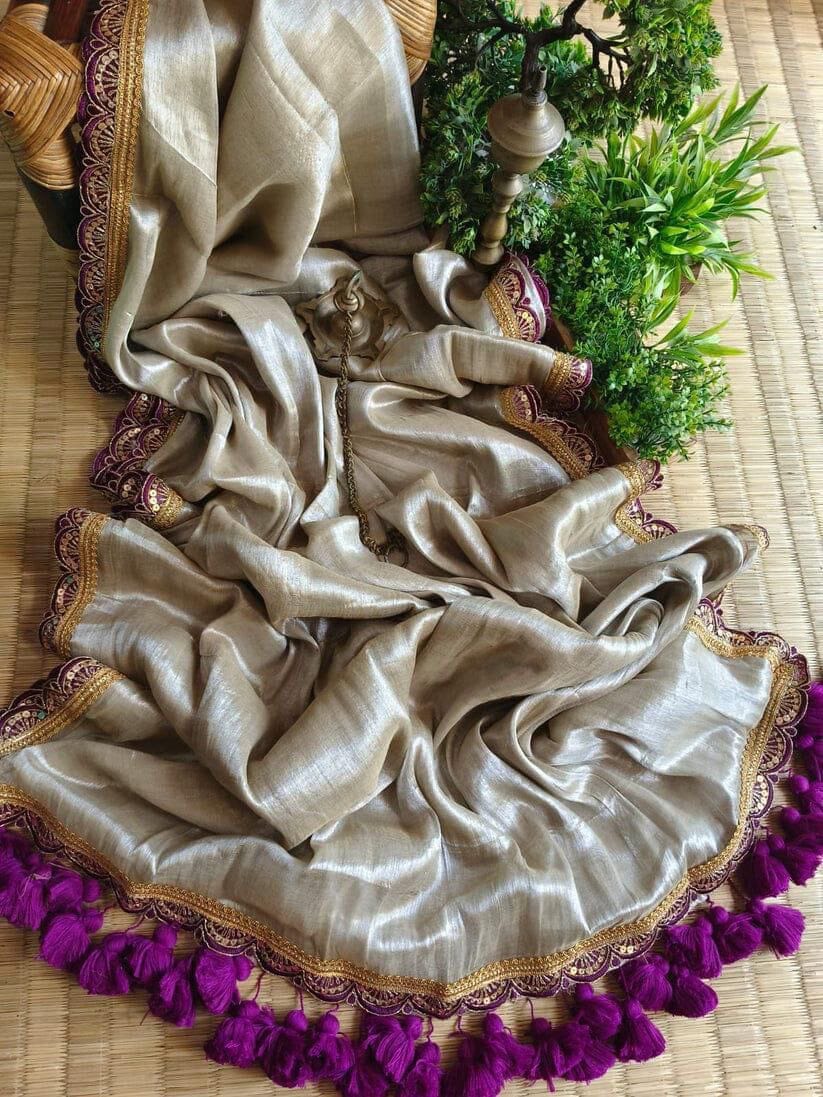 Uppada Tissue Silk Saree With Raw Silk Blouse with Lace Border and Tassels Designer Saree Shopin Di Apparels 