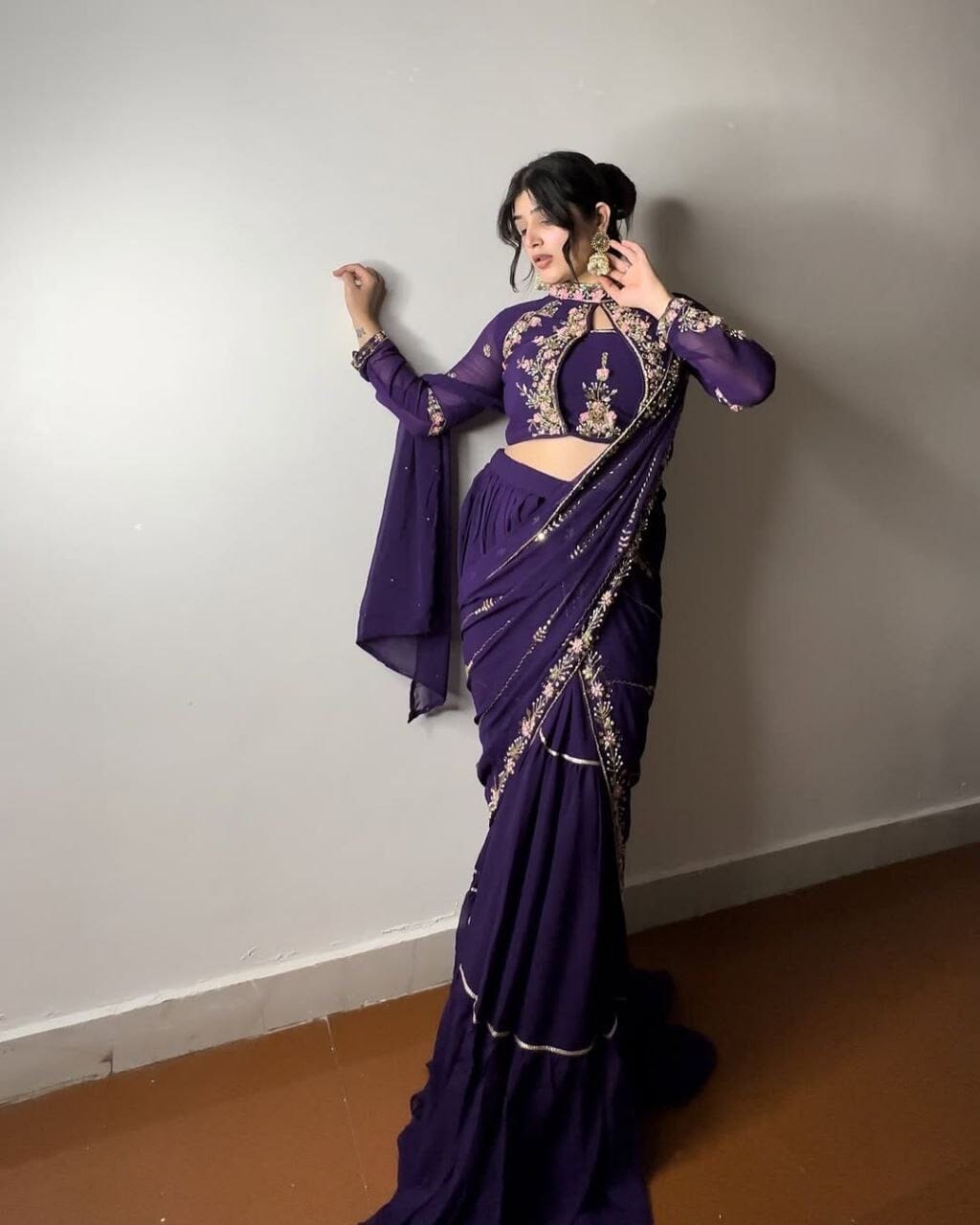 Violet Purple Georgette Ruffle Ready To Wear Saree With Readymade Blouse Ready to Wear Saree Shopin Di Apparels 