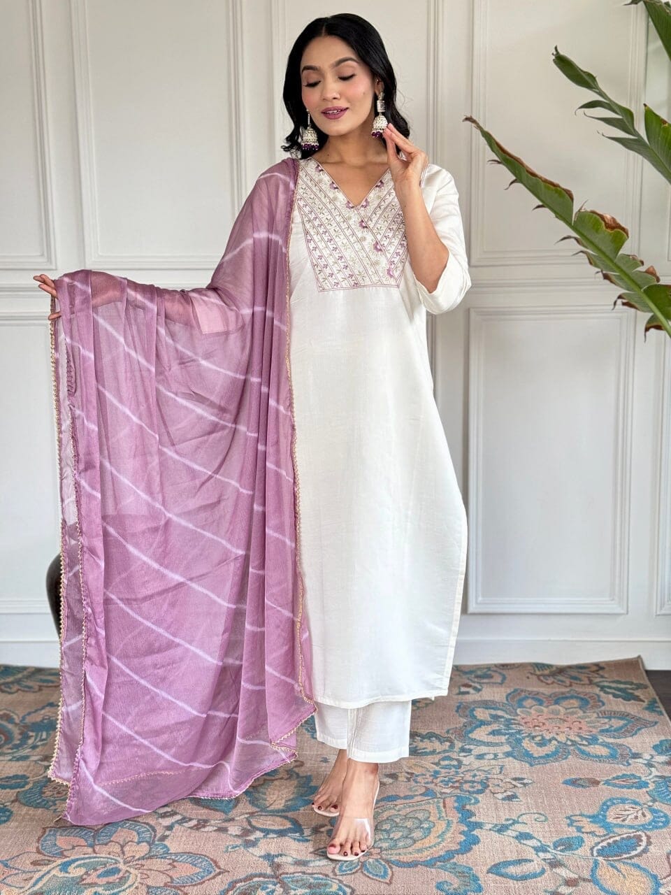 White Embroidered Chanderi Top with Najmin Dupatta and Pant set Kurti with Bottom and Dupatta Shopin Di Apparels 