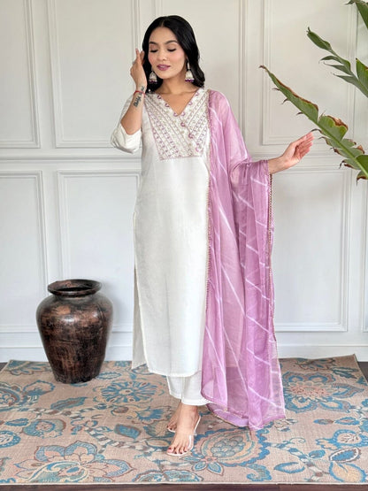 White Embroidered Chanderi Top with Najmin Dupatta and Pant set Kurti with Bottom and Dupatta Shopin Di Apparels 