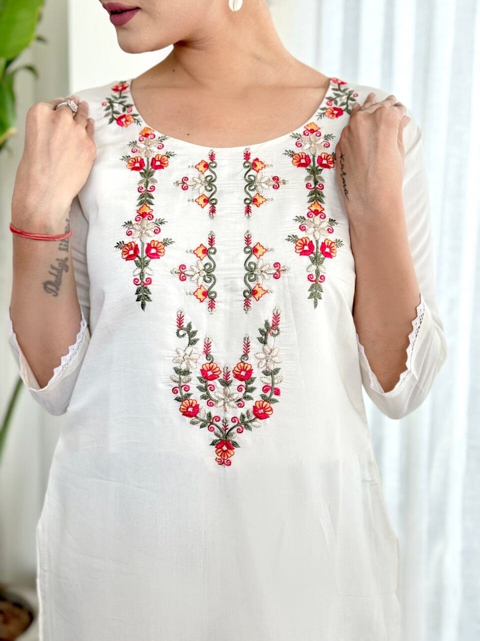 White Embroidered Chanderi Top with Silk Dupatta and Pant set Kurti with Bottom and Dupatta Shopin Di Apparels 