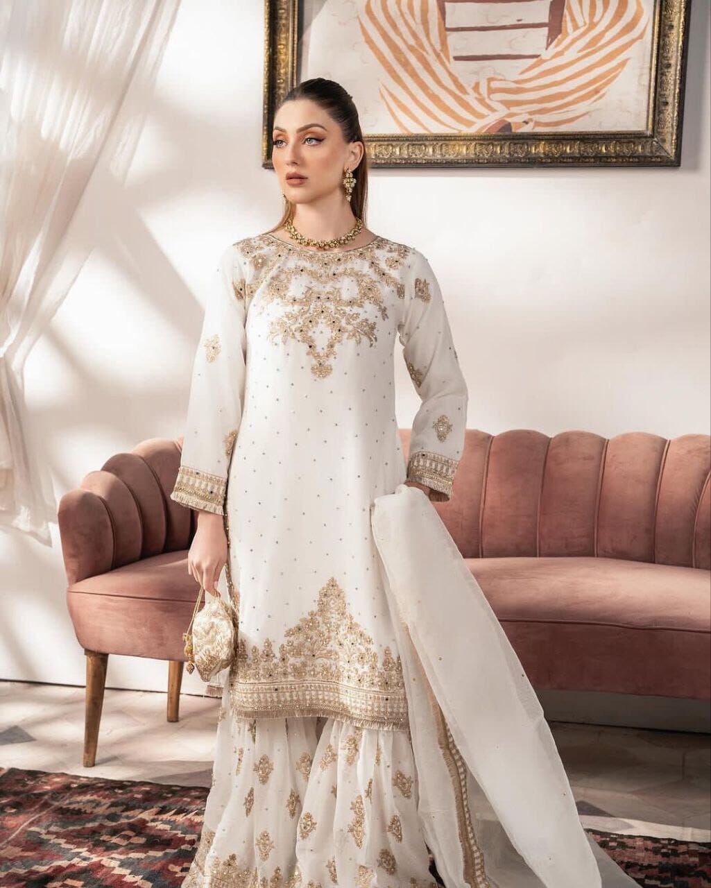 White Faux Georgette With Heavy Golden Embroidery Sequence Designer Readymade Suit Ready Made Designer Suits Shopin Di Apparels 