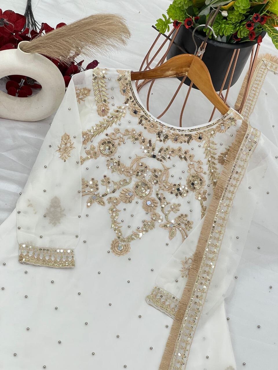 White Faux Georgette With Heavy Golden Embroidery Sequence Designer Readymade Suit Ready Made Designer Suits Shopin Di Apparels 