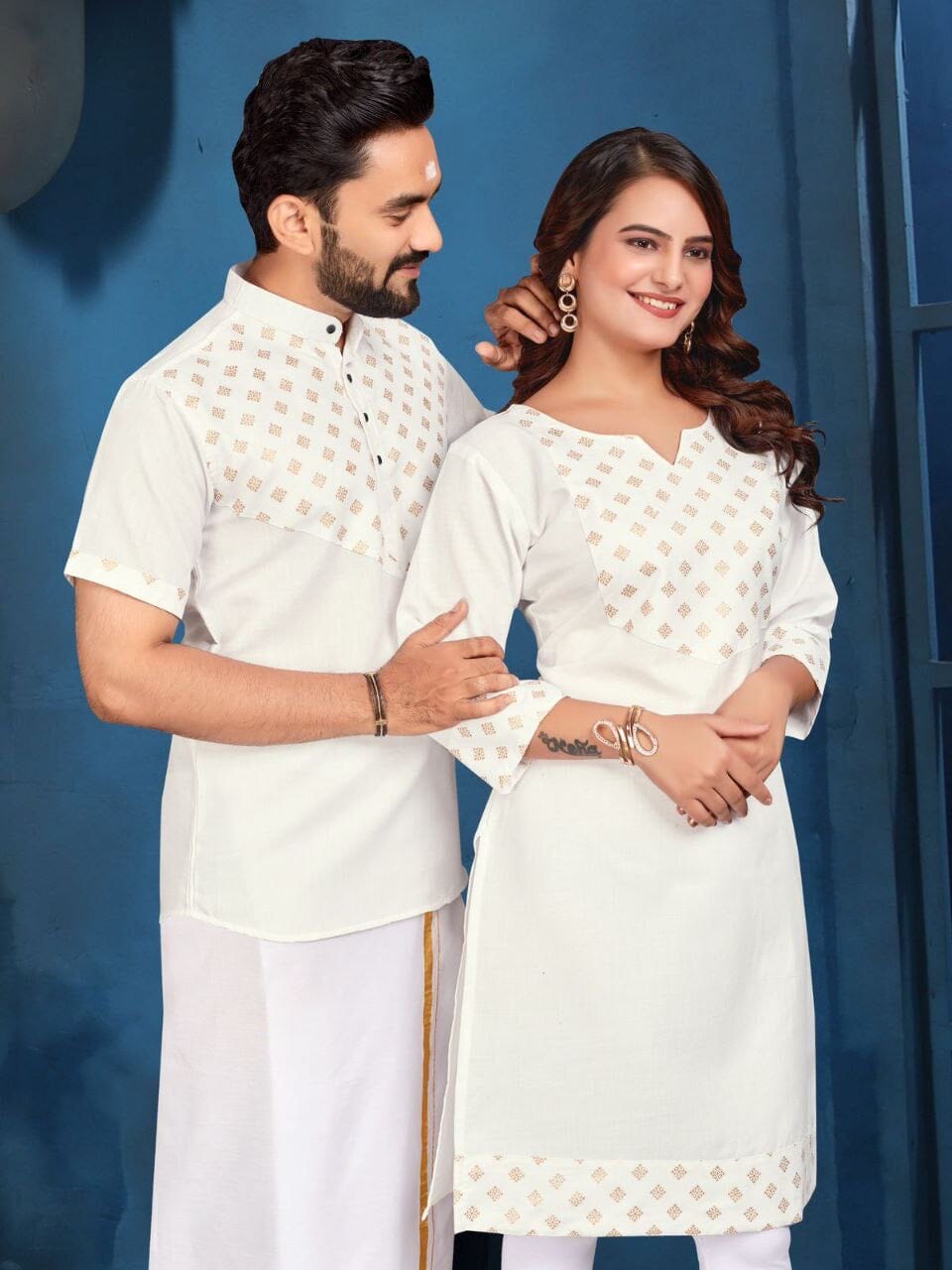 White Foil Print Cotton Kurti & Kurta Couple Combo Combo Shopin Di Apparels 