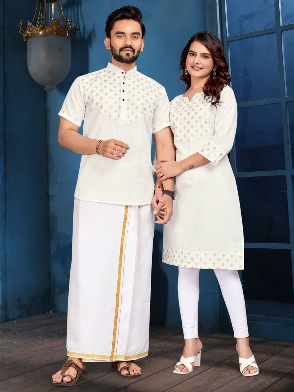 White Foil Print Cotton Kurti & Kurta Couple Combo Combo Shopin Di Apparels 