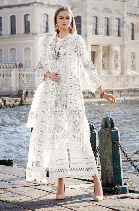 White Maria Chikankari Embroidered Pakistani Straight Cut Cotton Suit Designer Suits Shopin Di Apparels 