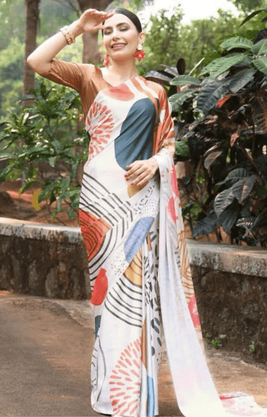 White multi color Satin Silk Saree with Blouse Satin Saree Shopin Di Apparels 