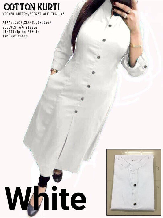 White Plain Collar Cotton Kurti with Button and Pockets Kurti Shopin Di Apparels 