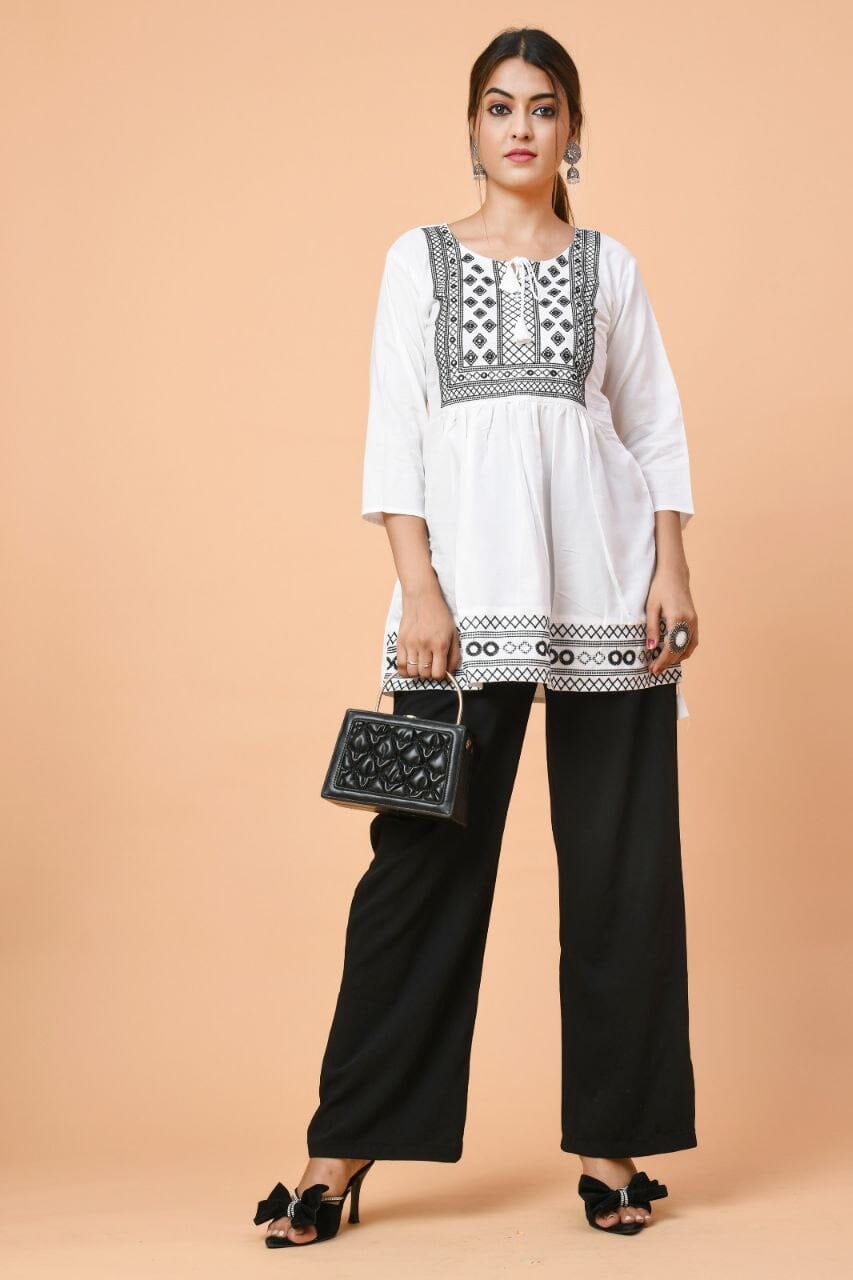 White Rayon Embroidered Kurti Short Top Kurti Shopin Di Apparels 