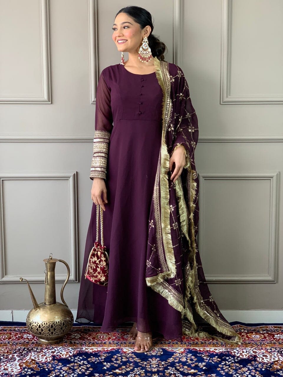 Wine Purple Georgette Gown with Embroidered Dupatta and Silk Pant Ready Made Designer Suits Shopin Di Apparels 