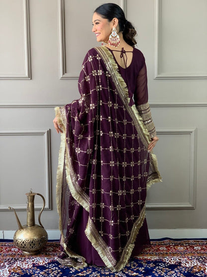 Wine Purple Georgette Gown with Embroidered Dupatta and Silk Pant Ready Made Designer Suits Shopin Di Apparels 