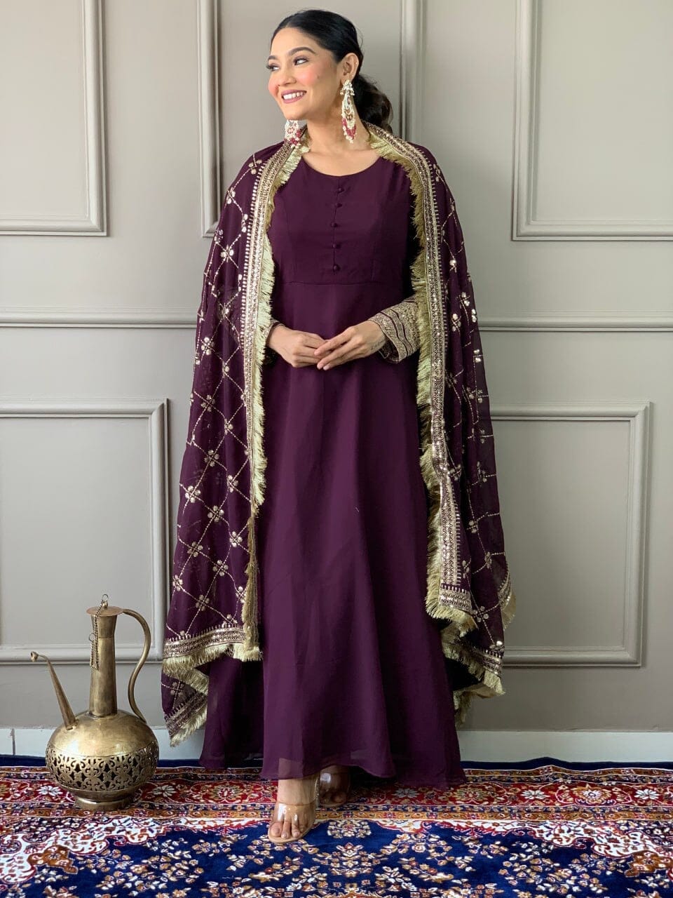 Wine Purple Georgette Gown with Embroidered Dupatta and Silk Pant Ready Made Designer Suits Shopin Di Apparels 