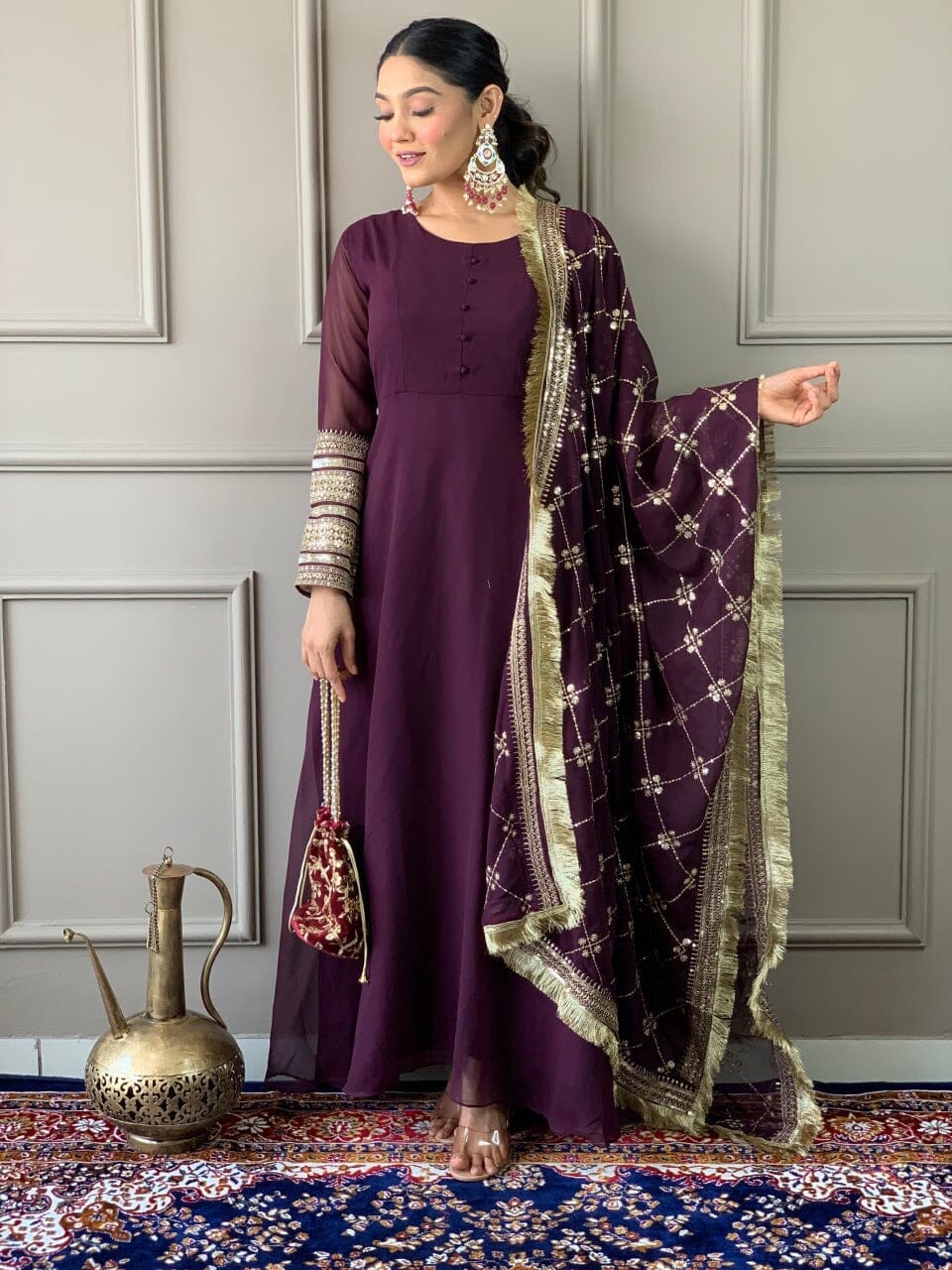 Wine Purple Georgette Gown with Embroidered Dupatta and Silk Pant Ready Made Designer Suits Shopin Di Apparels 