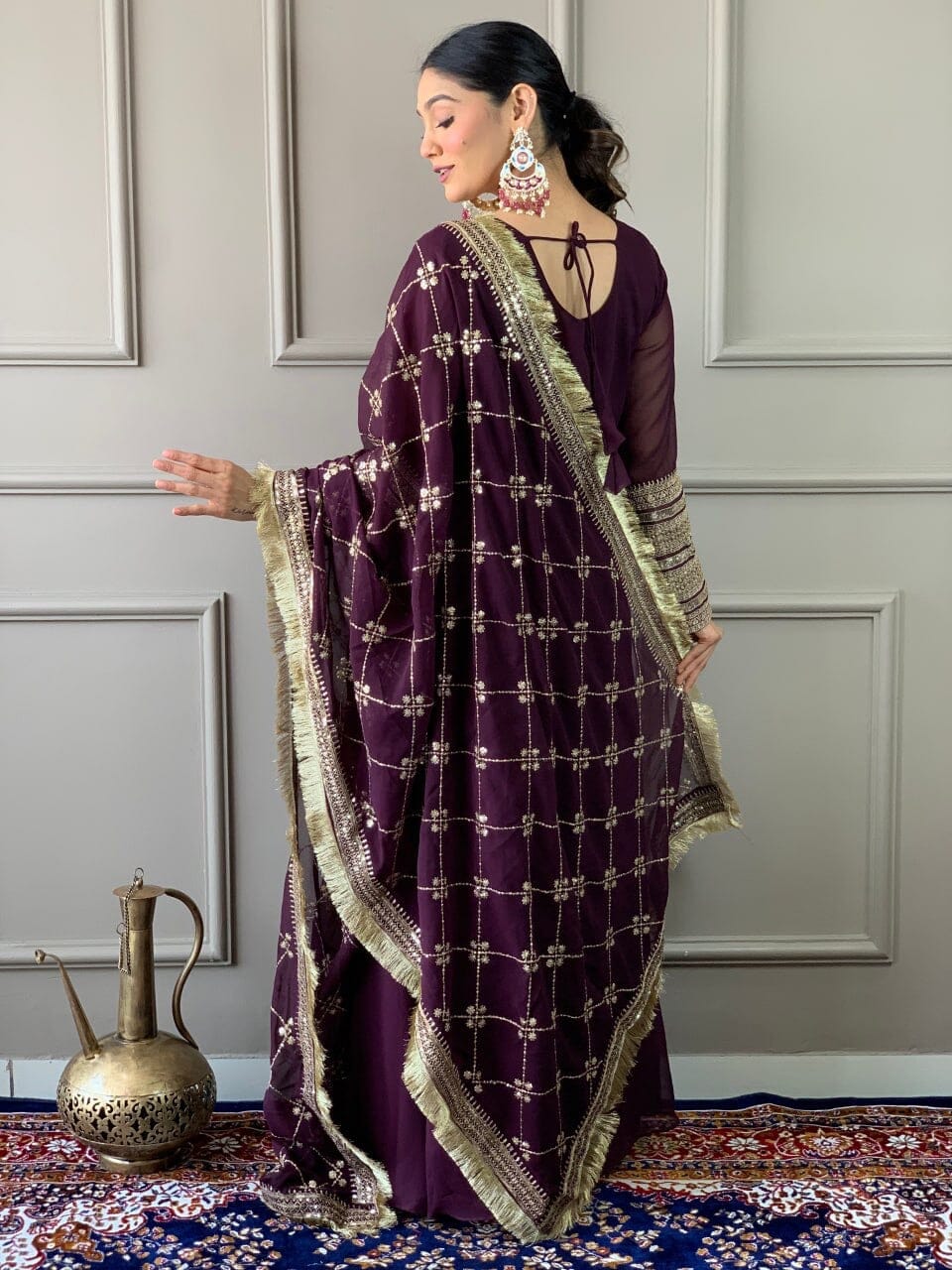 Wine Purple Georgette Gown with Embroidered Dupatta and Silk Pant Ready Made Designer Suits Shopin Di Apparels 