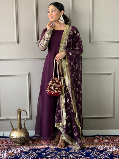 Wine Purple Georgette Gown with Embroidered Dupatta and Silk Pant Ready Made Designer Suits Shopin Di Apparels 