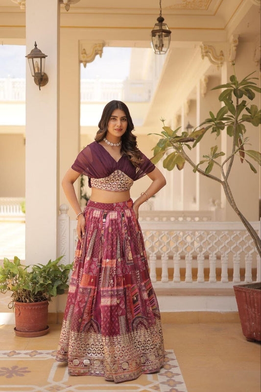 Wine Russian Silk Rich Digital Printed With Foil Embroidery Work Lehenga with Choli Ready to Wear Set Ready Made Designer Suits Shopin Di Apparels 