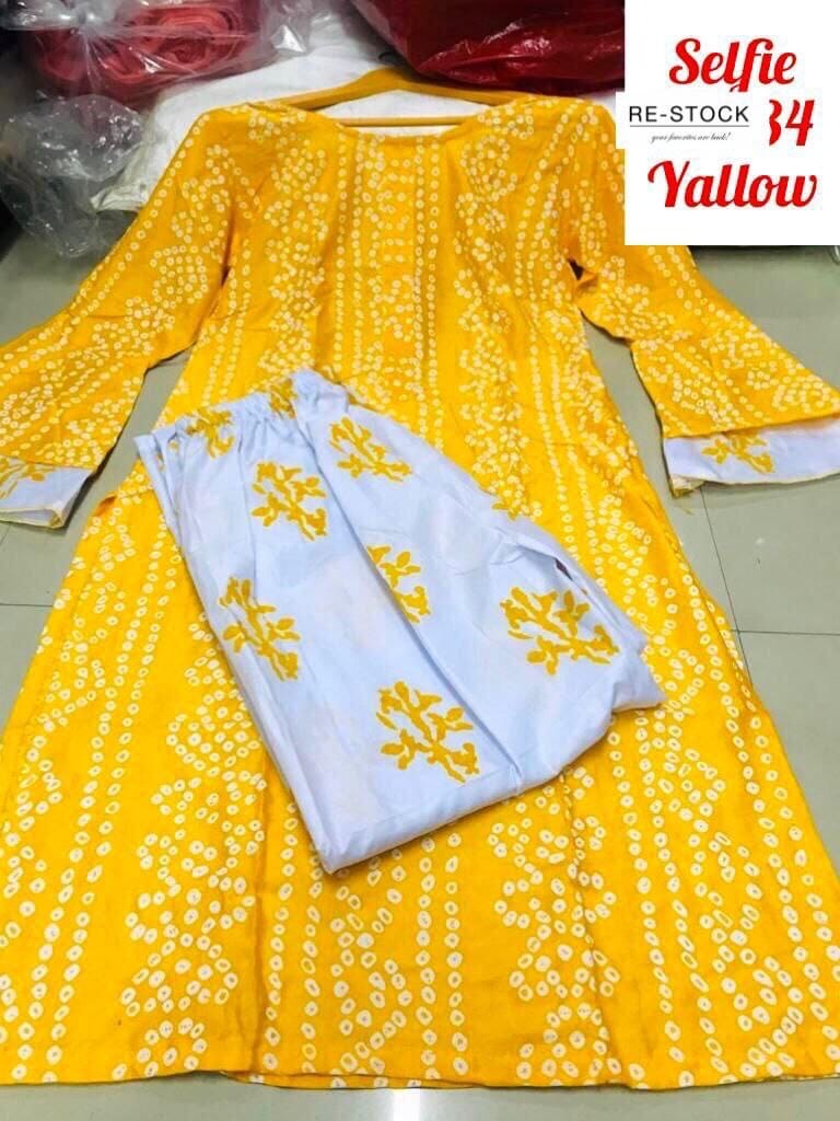 Yellow Bandhej Printed Bell Sleeve Kurti with Plazzo set Kurti with plazzo Shopin Di Apparels 