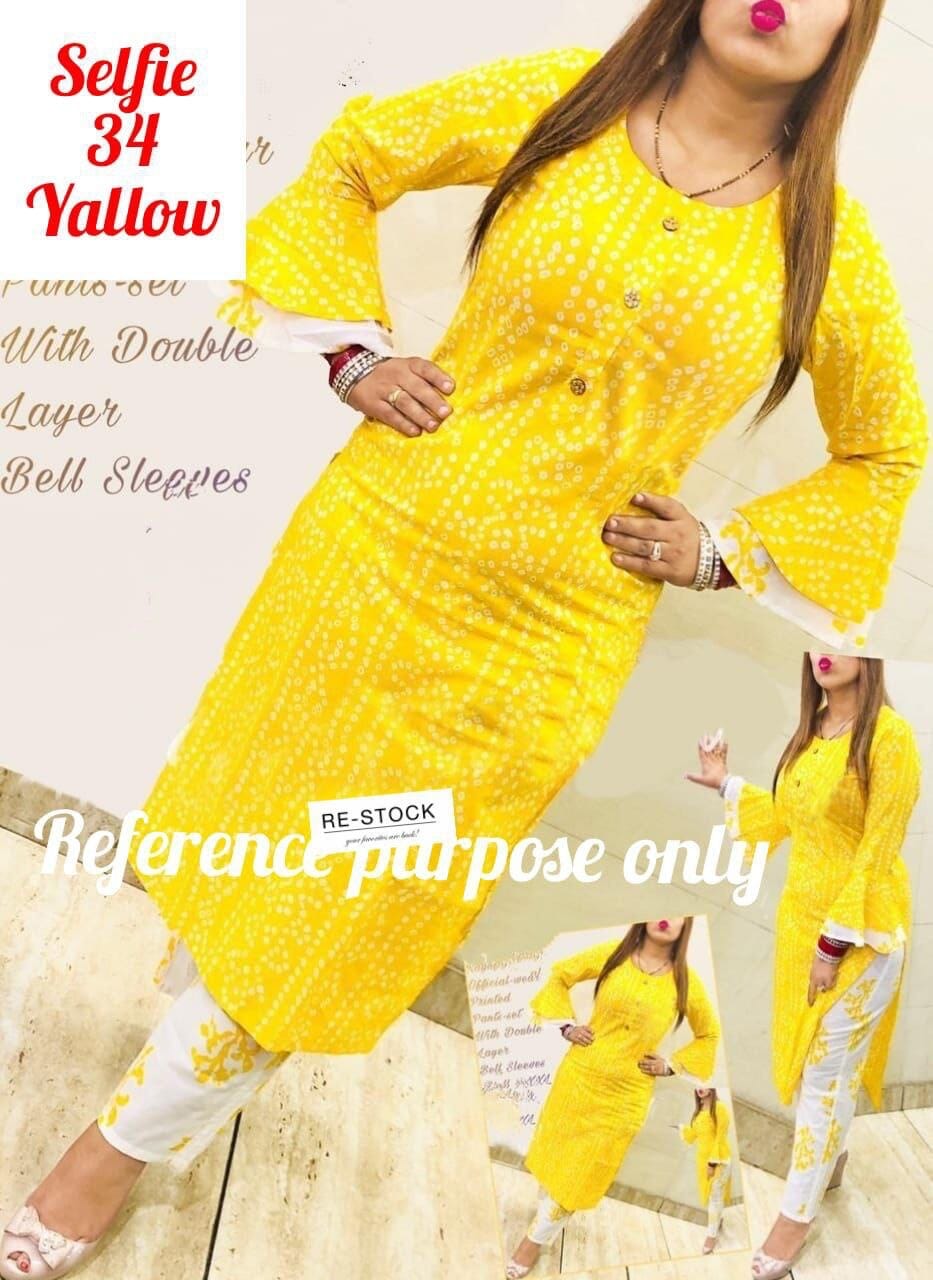 Yellow Bandhej Printed Bell Sleeve Kurti with Plazzo set Kurti with plazzo Shopin Di Apparels 