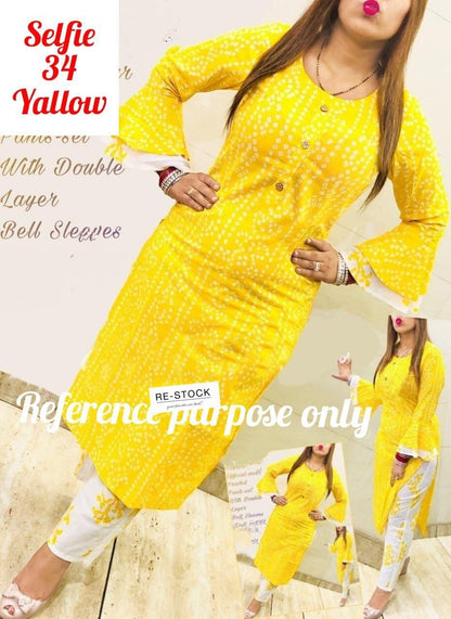 Yellow Bandhej Printed Bell Sleeve Kurti with Plazzo set Kurti with plazzo Shopin Di Apparels 